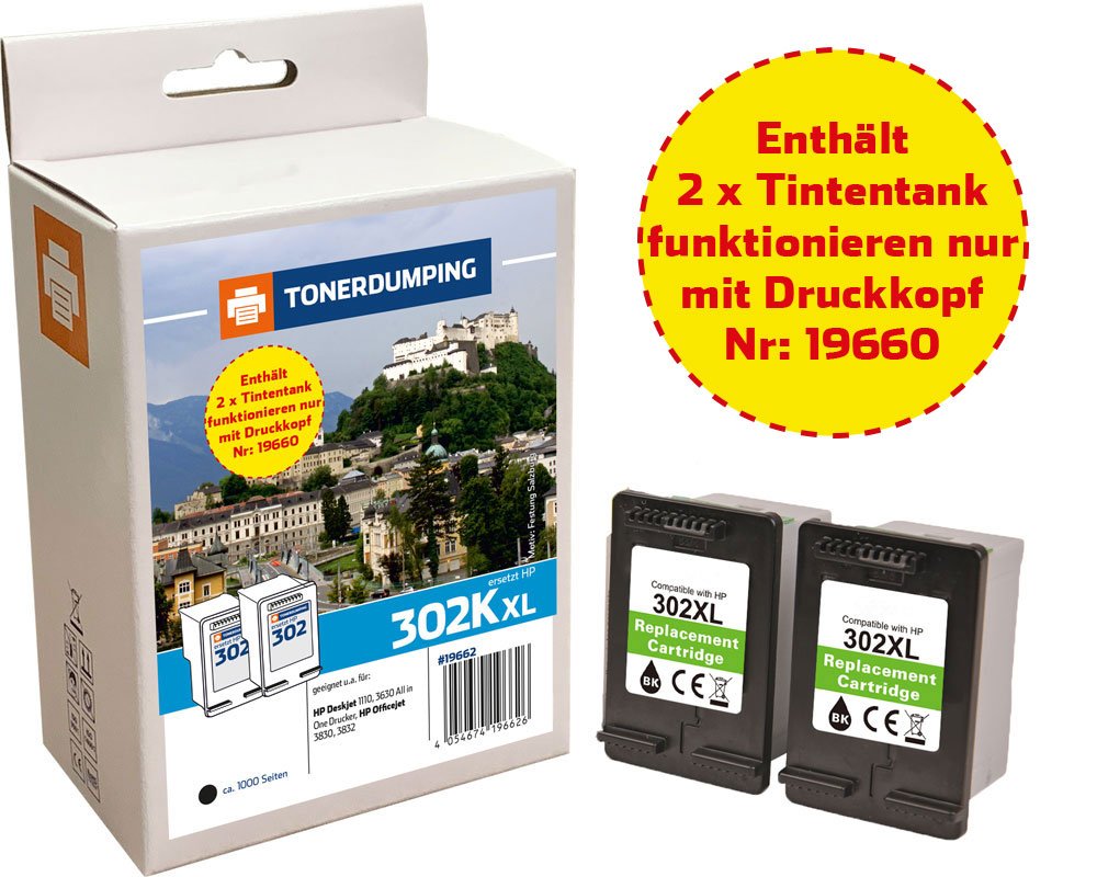 Ersatztanks - OHNE ADAPTER - für ECOSAVER (18839 oder 19660) kompatibel zu HP 302XL/ F6U67AE schwarz ECO-SAVER: 2x XL-Tintentanks [modell] - Marke: Tonerdumping